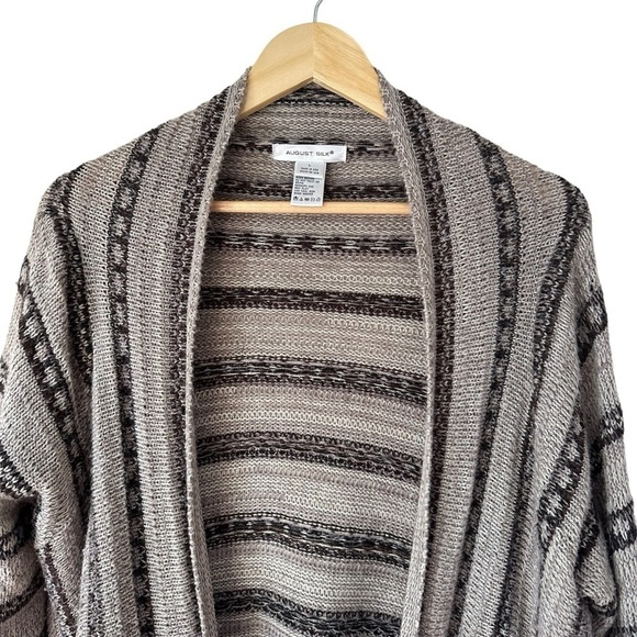 August Silk Brown Stripe Festival Fringe Cardigan Sweater - Picture 4 of 9